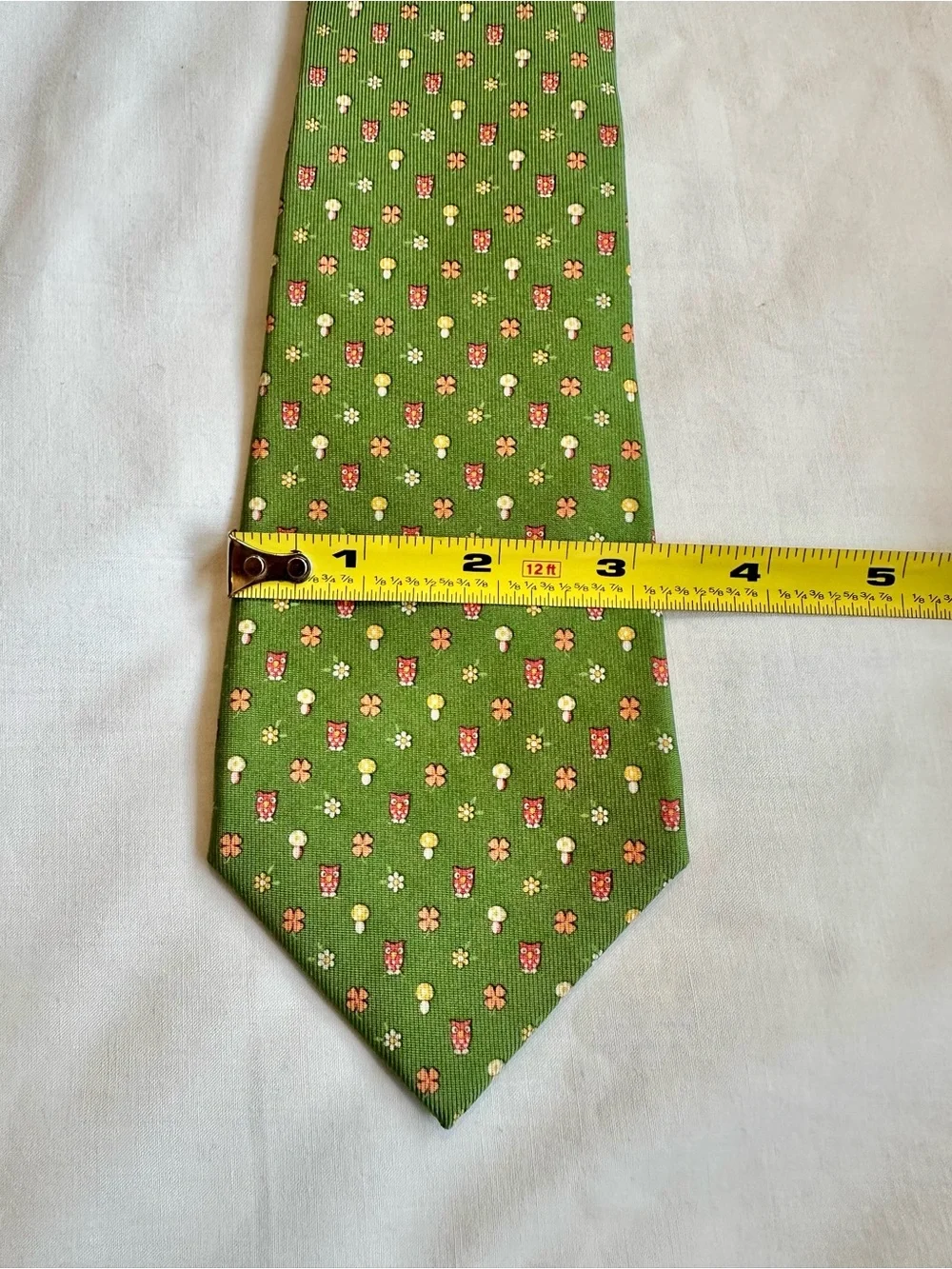 Salvatore Ferragamo Green Tie with Pink and Yellow Owl & Mushroom Micro Motif